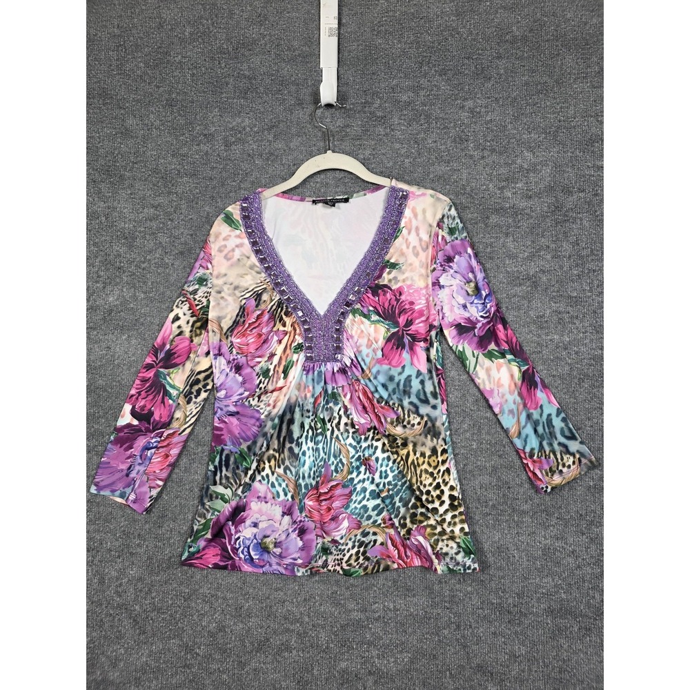 Boston Proper Blouse Womens S Multicolor Beaded Rhinestone V Neck Tunic Top